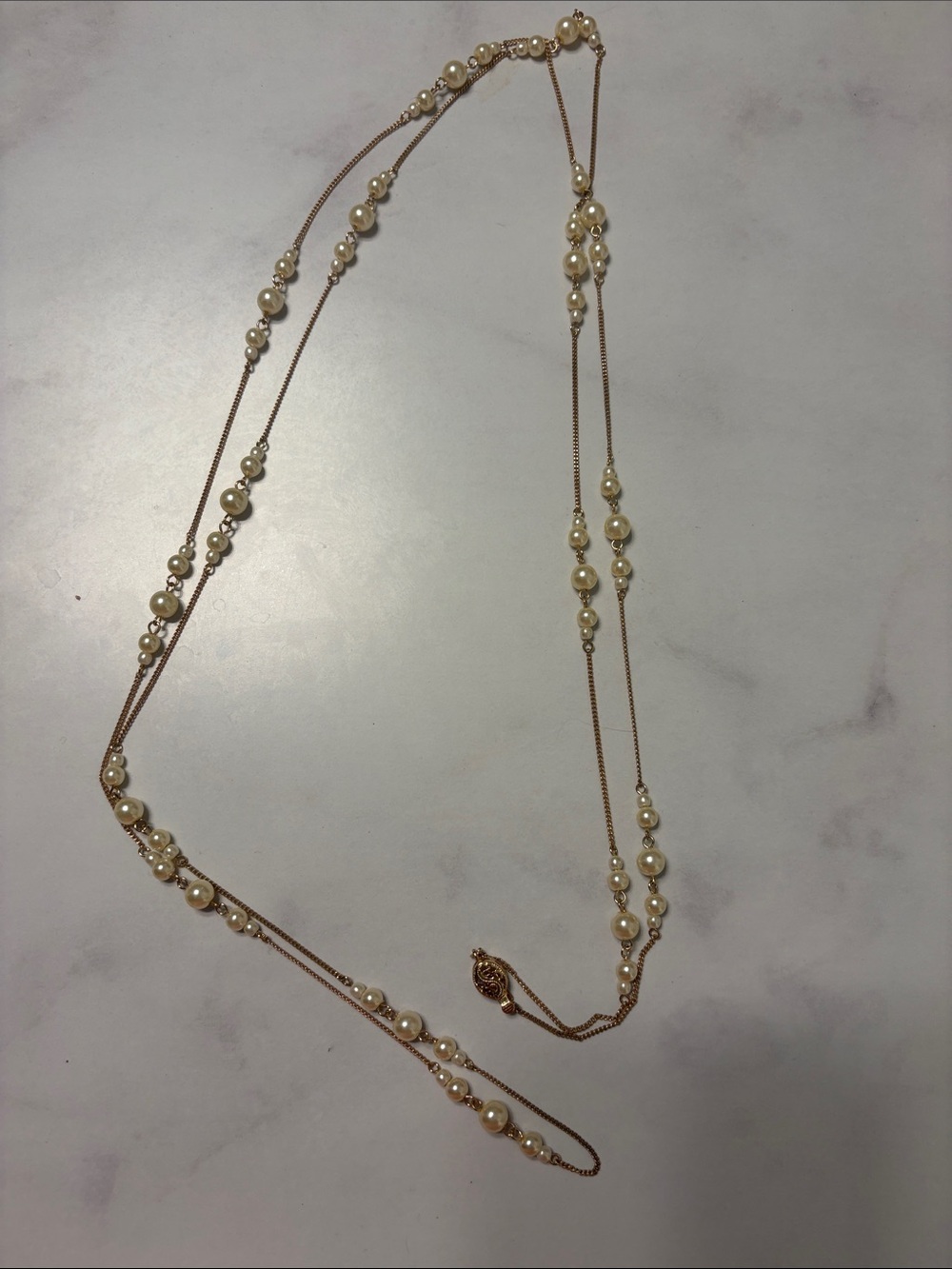 Gold Pearl-Station Long Layered Necklace